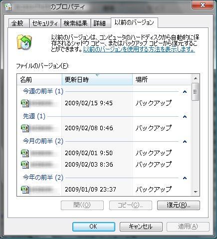 Windows Vista ファイル復旧画面